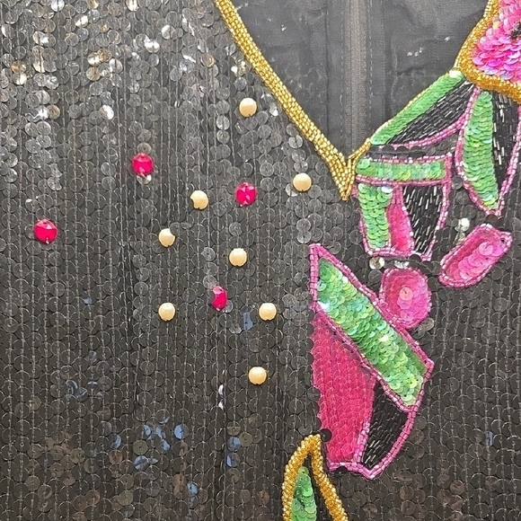 Judith Ann Silk Chic Black Sequin Dress with Floral Embellishments - Picture 6 of 16